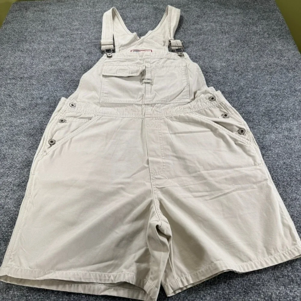 VTG Old Navy Shortalls Women L Vintage Bib Overalls Cotton Relaxed Khaki Tan